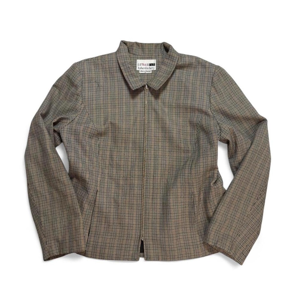 Vintage 90s Leslie Fay Haberdashery Houndstooth Plaid Zip Up Jacket Size 16